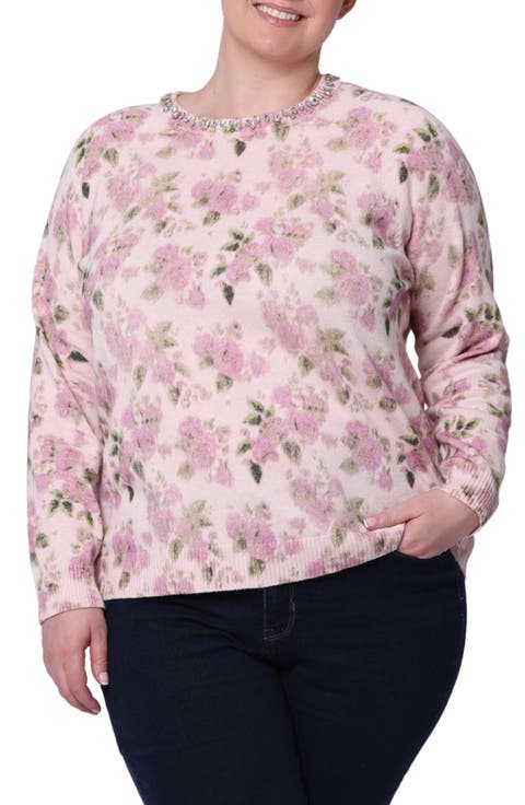 Rhinestone Embellished Crewneck Cotton & Cashmere Sweater (Plus)