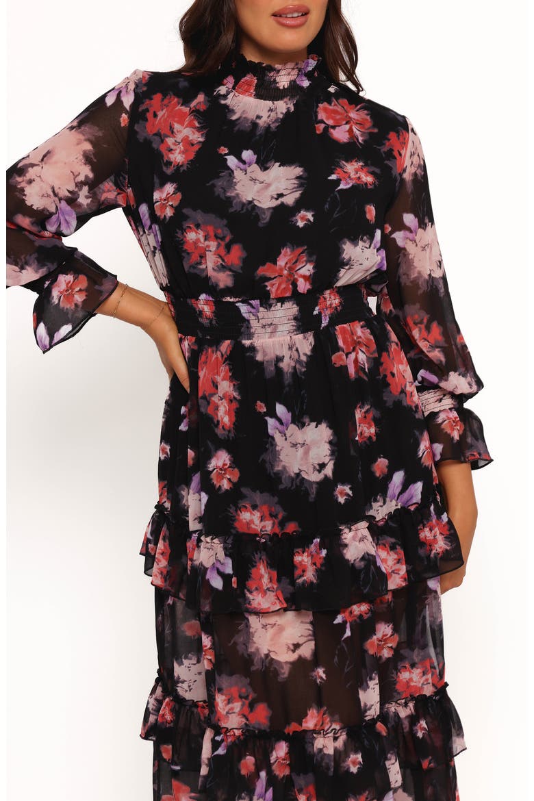 Isadora Floral Print Ruffle Long Sleeve Maxi Dress, Alternate, color, BLACK BLURRED FLORAL