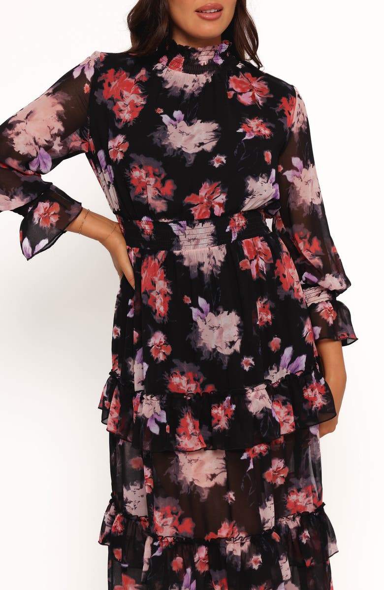 Petal & Pup Isadora Floral Print Ruffle Long Sleeve Maxi Dress, Alternate, color, Black Blurred Floral