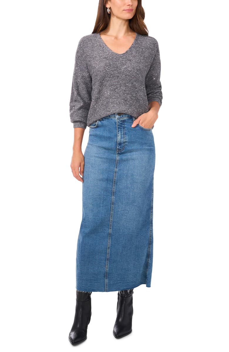 Vince Camuto Sequin Detail V-Neck Sweater, Alternate, color, Ash Grey