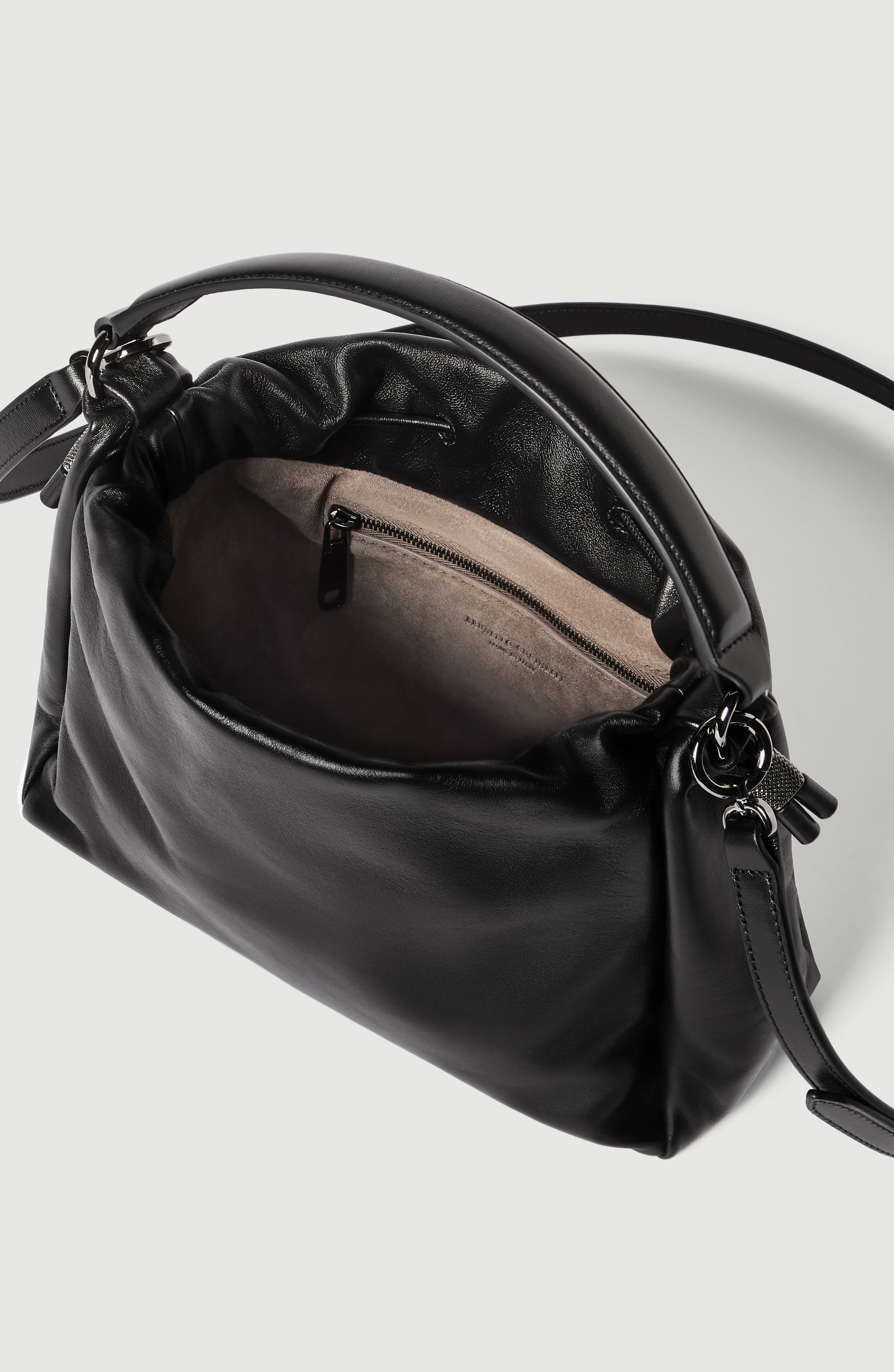 Brunello Cucinelli Small Soft Leather Mellow Bucket bag, Alternate, color, Black
