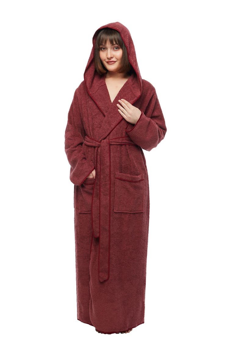 Aura Women's Ankle Length Long Cotton Robe with Hood, Main, color, Wine