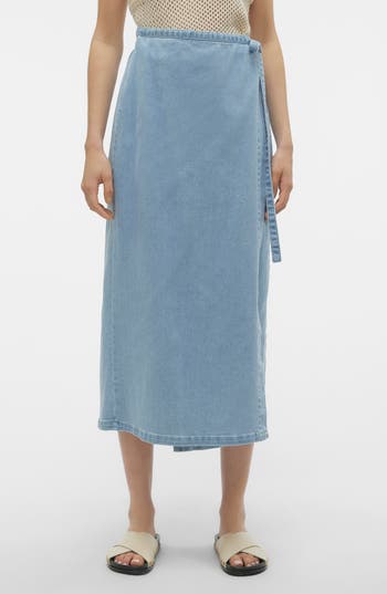 Vero Moda Women's Zinnia Solid Denim Wrap Midi Skirt In Light Blue Denim