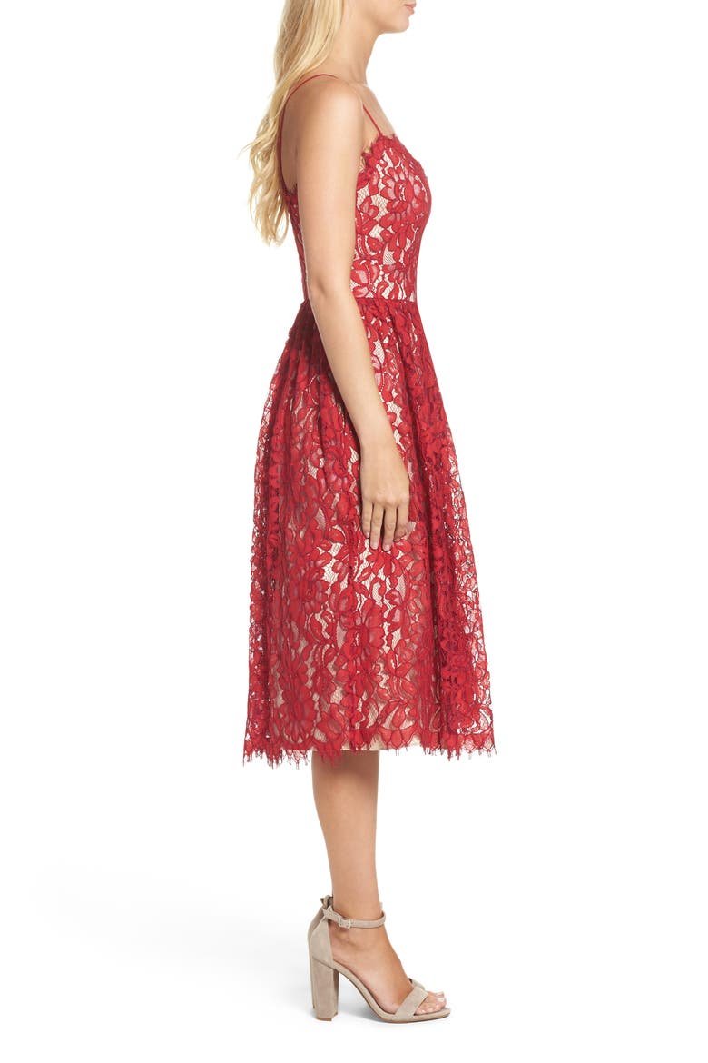 Gathered Lace Midi Dress, Alternate, color, RED