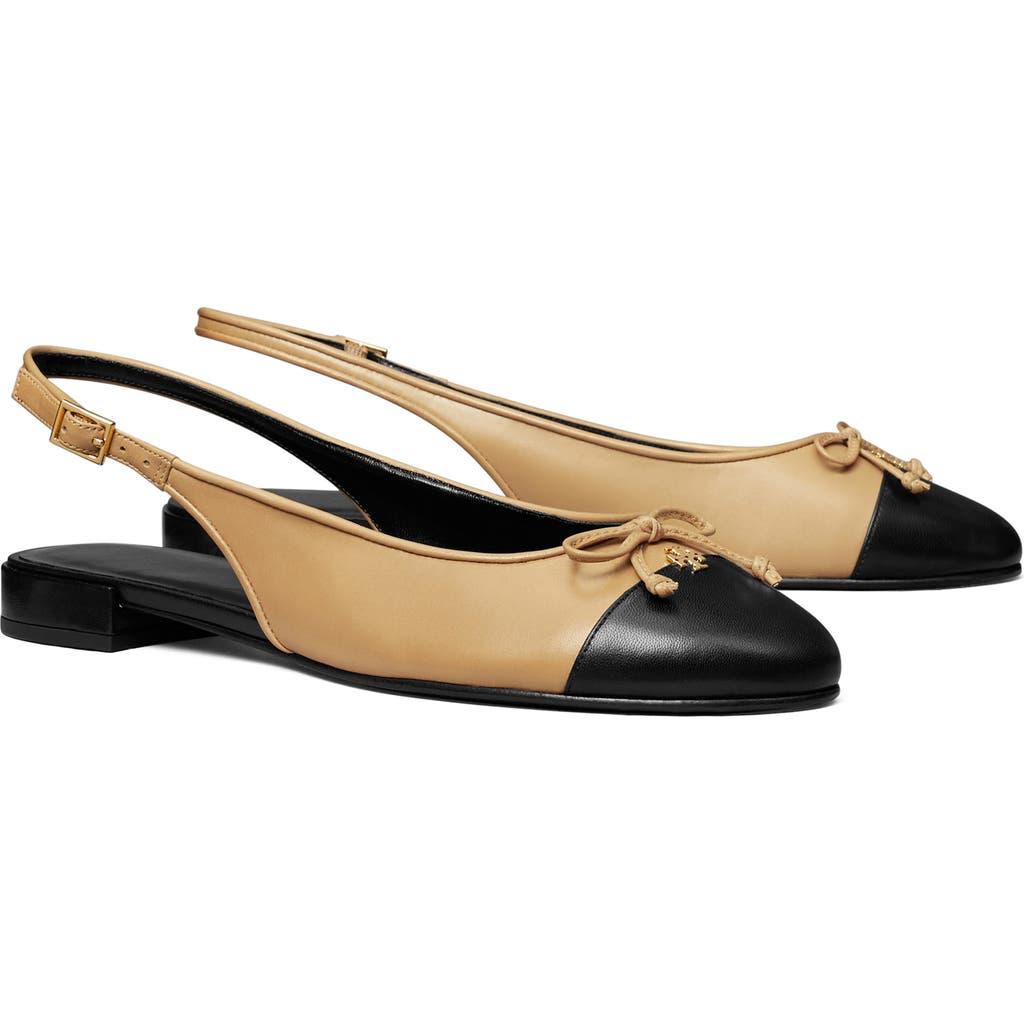 Tory Burch Slingback Cap Toe Flat In Ginger Shortbread/black