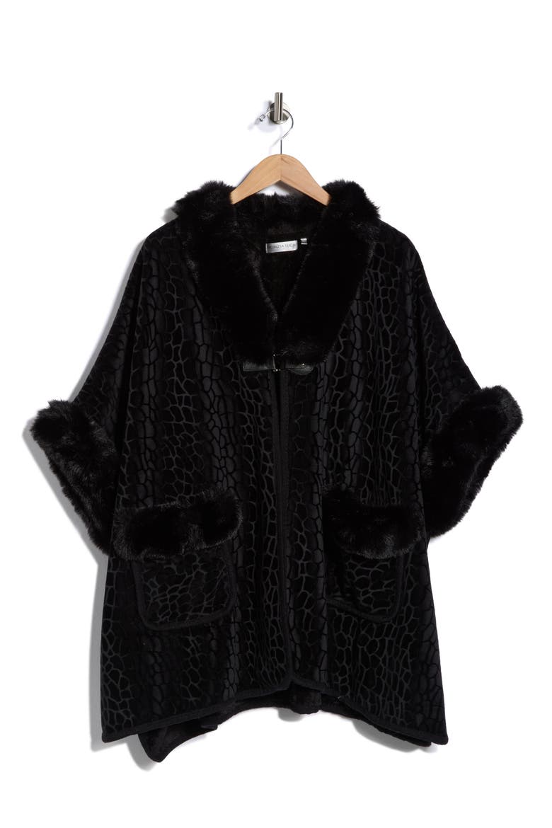 Front Pocket Faux Fur Trim Cape, Alternate, color, BLACK