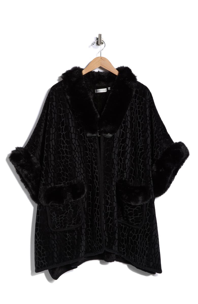 PATRIZIA LUCA Front Pocket Faux Fur Trim Cape, Alternate, color, Black