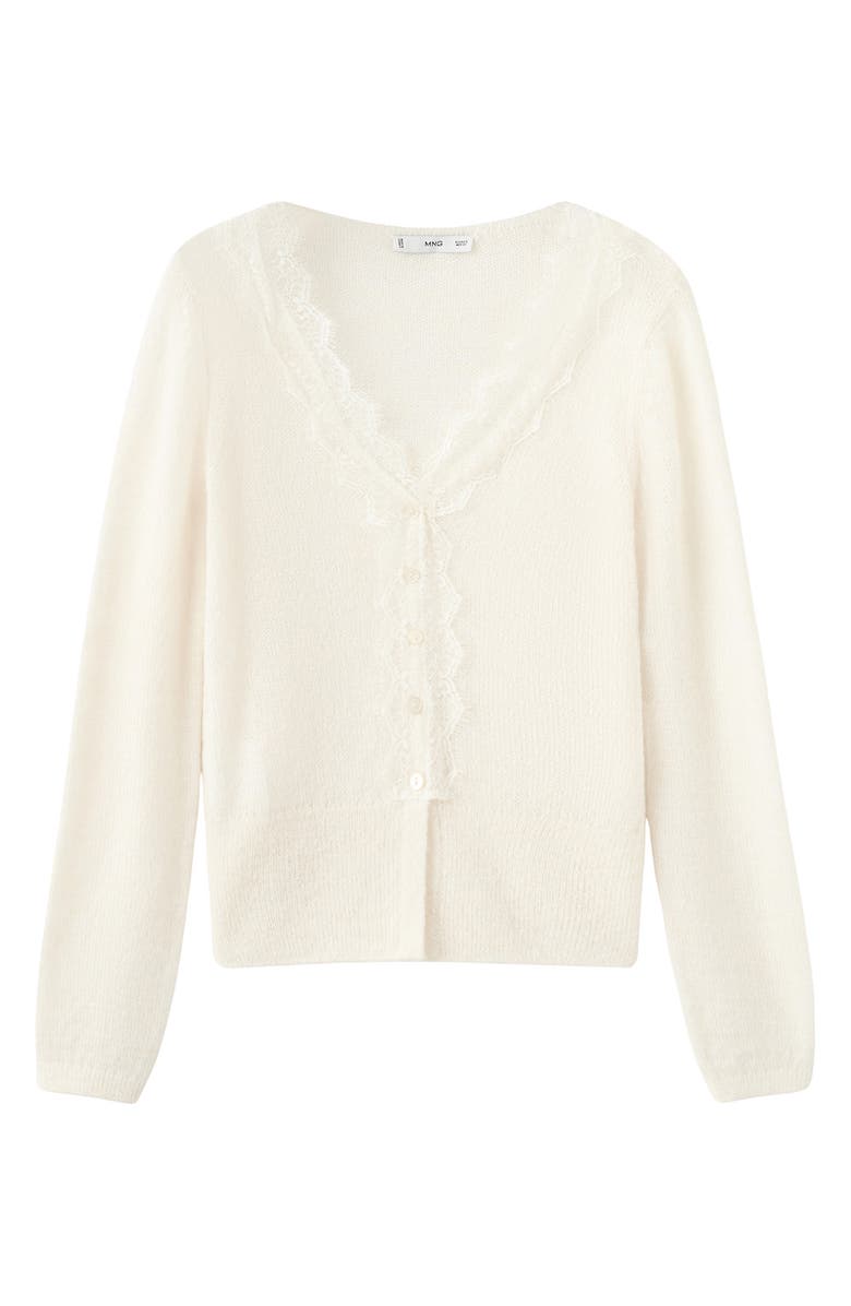 MANGO Lace Trim V-Neck Cardigan, Main, color, Ecru