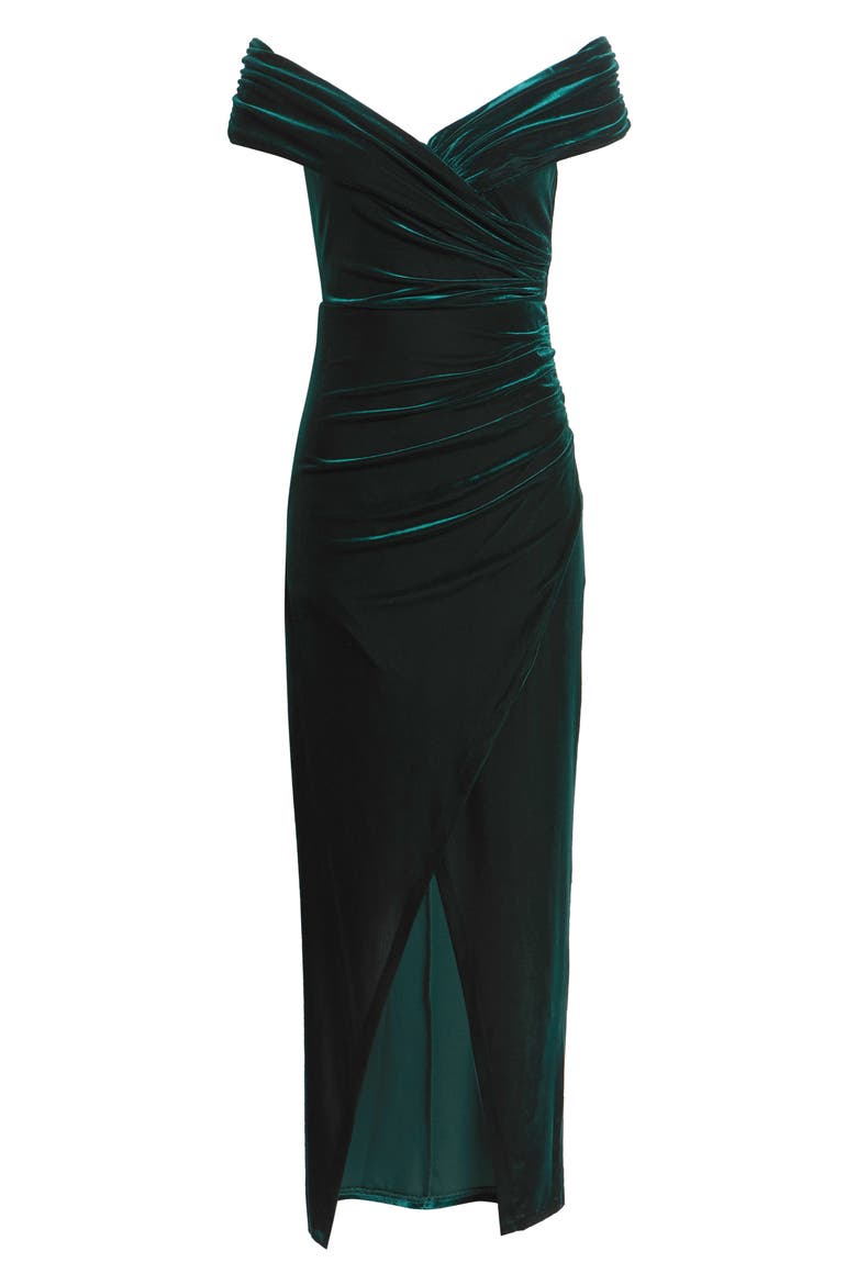 Draped Off the Shoulder Velvet Sheath Gown, Alternate, color, HUNTER