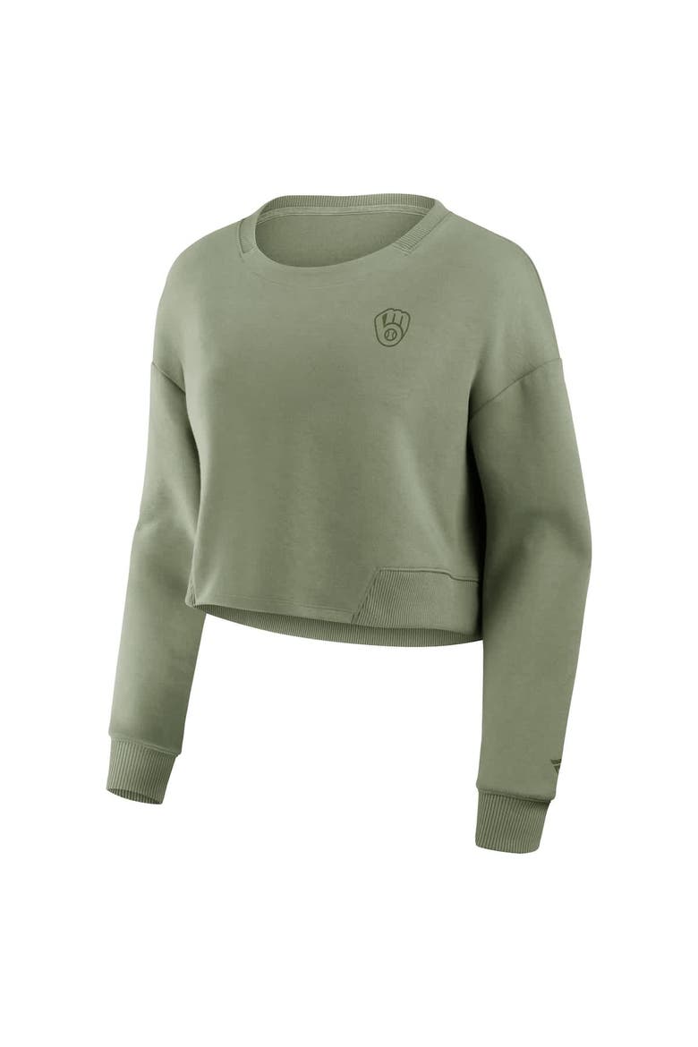 Women's Fanatics Olive Milwaukee Brewers Studio Cropped Pullover Sweatshirt, Alternate, color, Olive