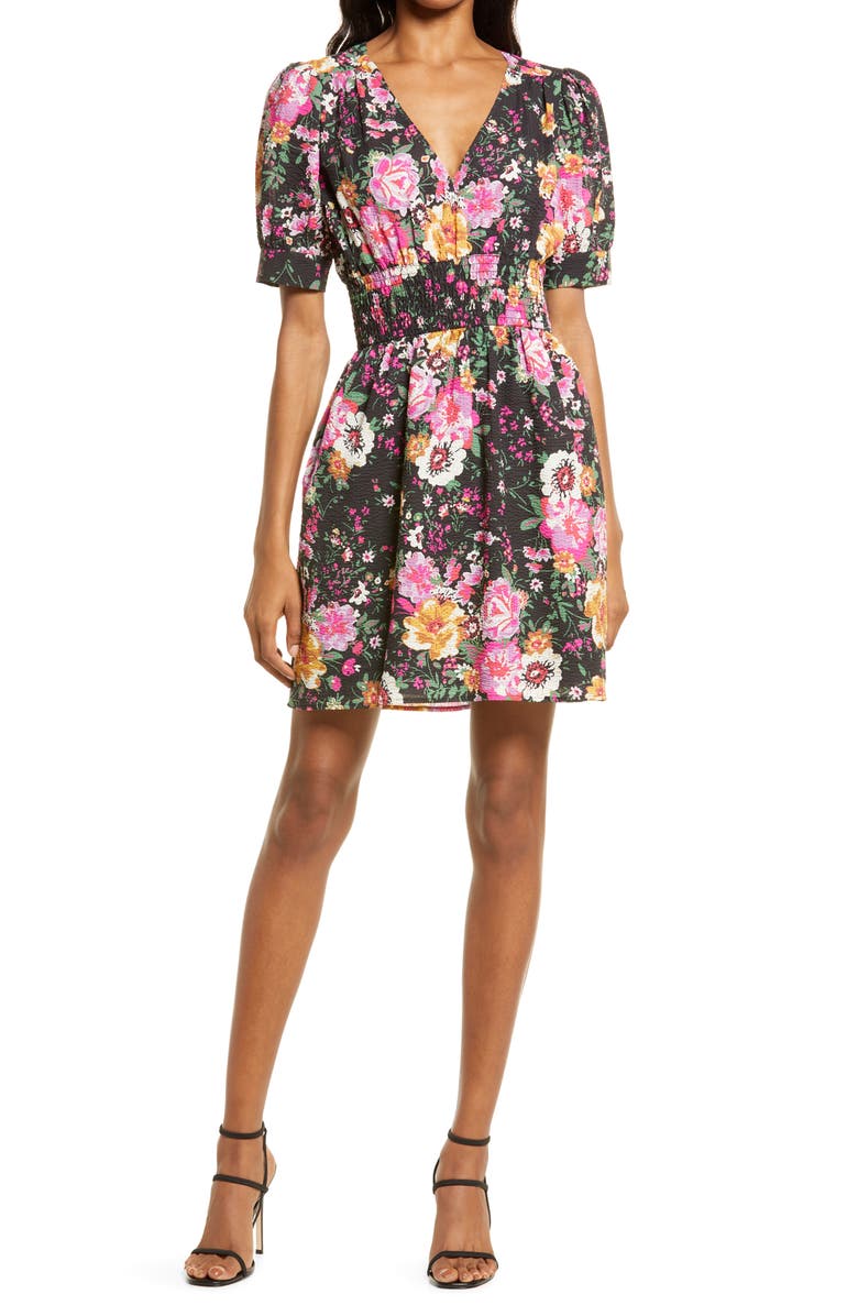 Charles Henry Floral Smocked Waist Minidress, Main, color, 