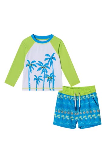 Andy & Evan Long Sleeve Rashguard & Swim Trunks Set In White Lime
