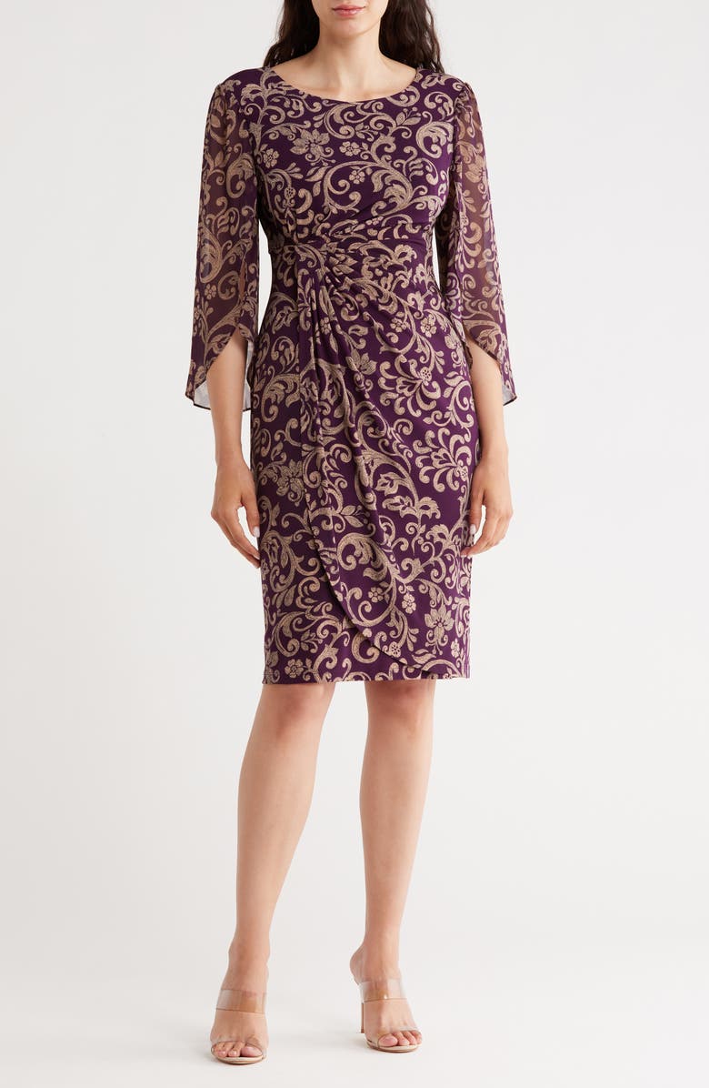 Connected Apparel Floral Cape Sleeve Faux Wrap Dress, Main, color, Aubergine