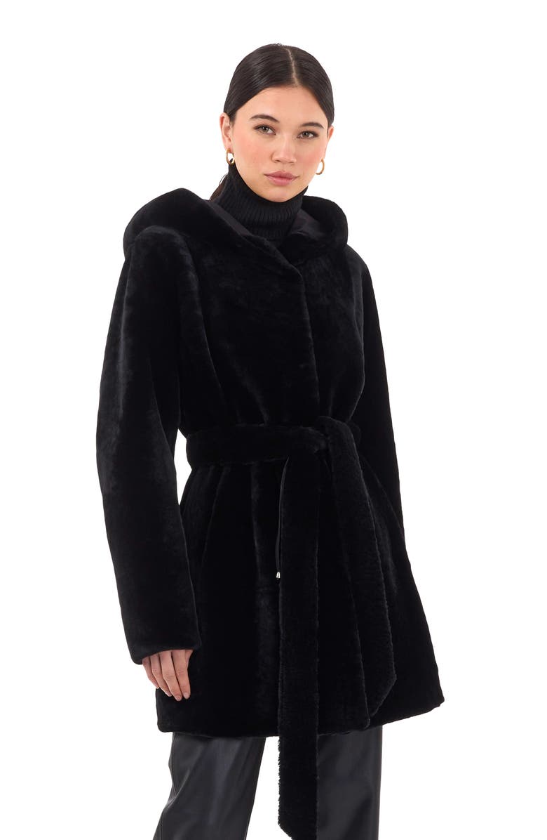 GORSKI Shearling Lamb Hooded Stroller, Reversible To Taffeta, Belt, Main, color, Black/Black