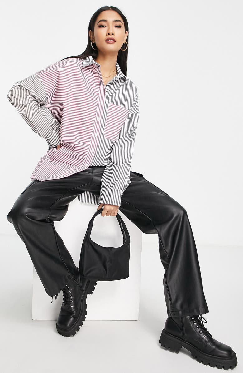 Topshop Patchwork Stripe Oversize Button-Up Shirt, Alternate, color,