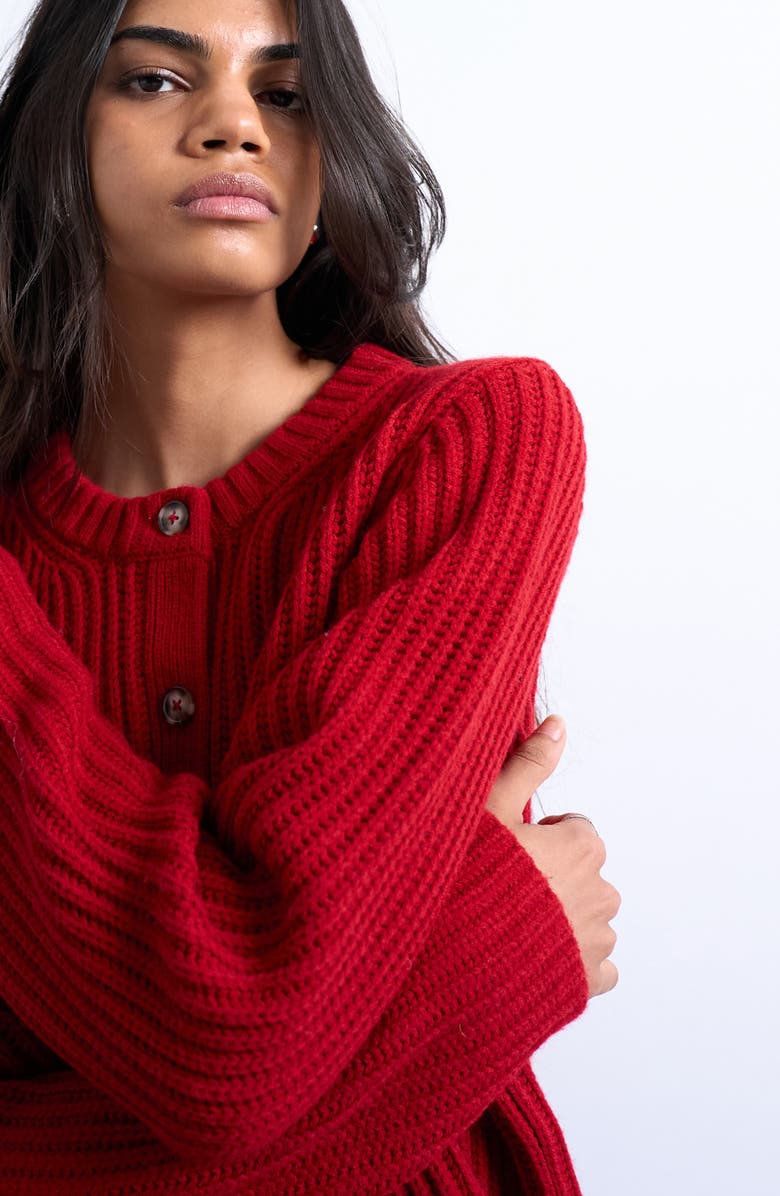 Topshop Rib Cardigan, Alternate, color, Red