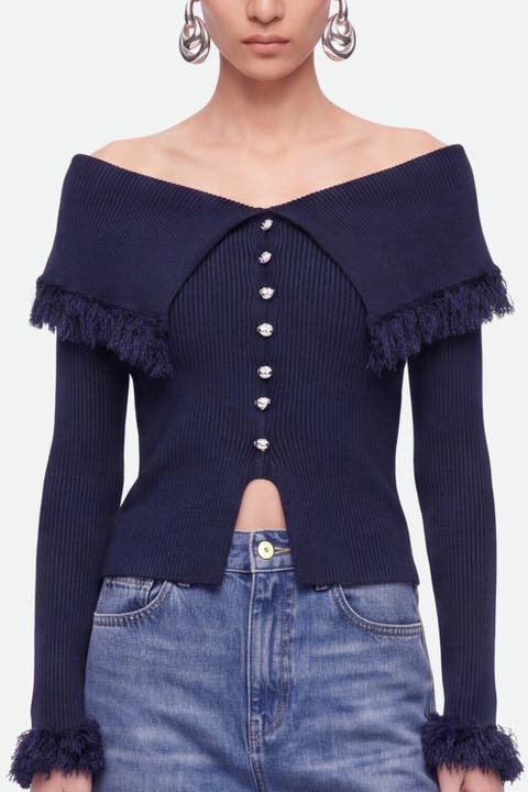 Fringed Collar Off Shoulder Cardigan