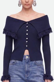Nocturne Fringed Collar Off Shoulder Cardigan