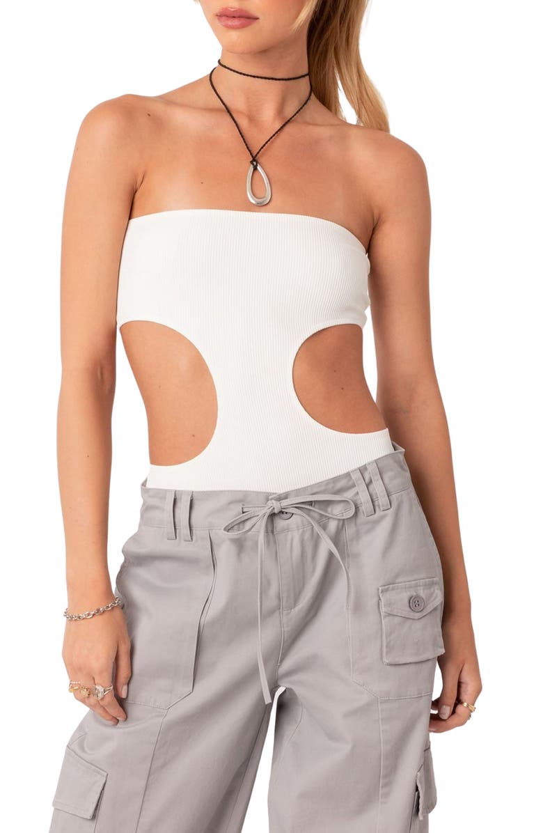 EDIKTED Vivie Cutout Strapless Rib Bodysuit, Main, color, 