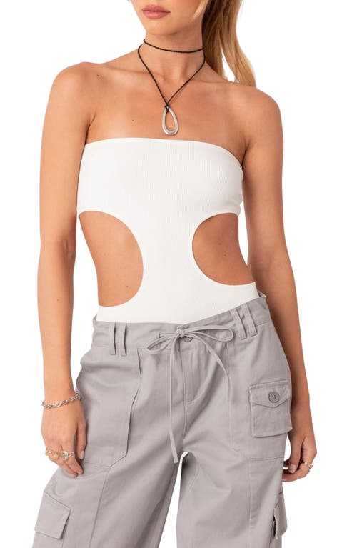 EDIKTED Vivie Cutout Strapless Rib Bodysuit in White at Nordstrom, Size Medium