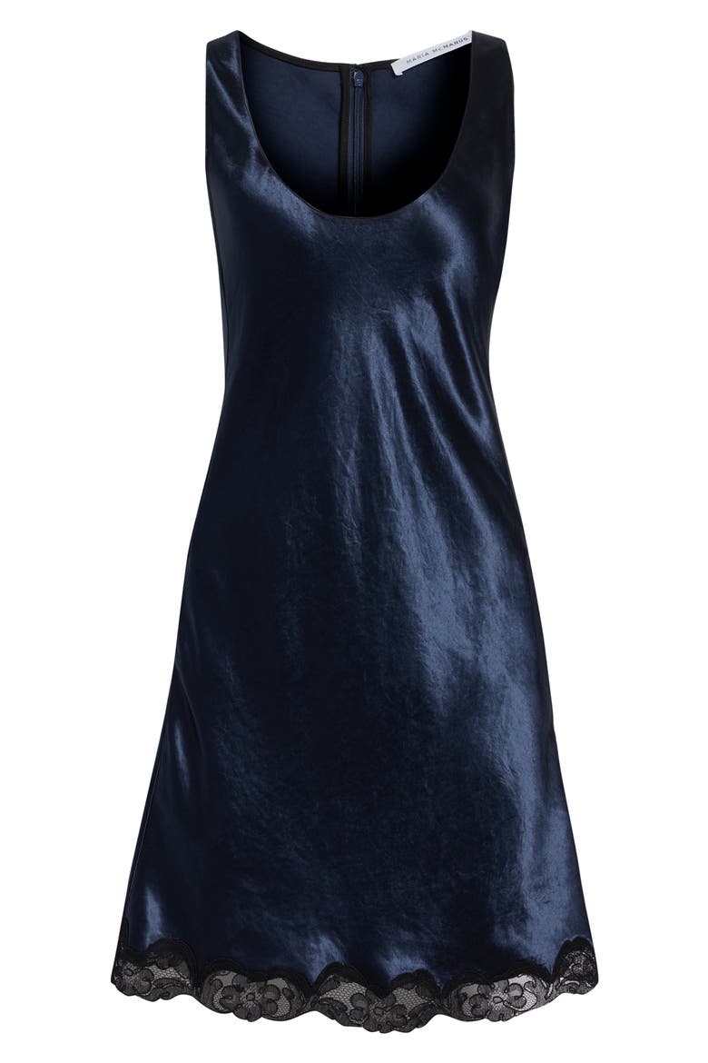 Scoop Lace Trim Satin Bias Cut Dress, Alternate, color, NAVY