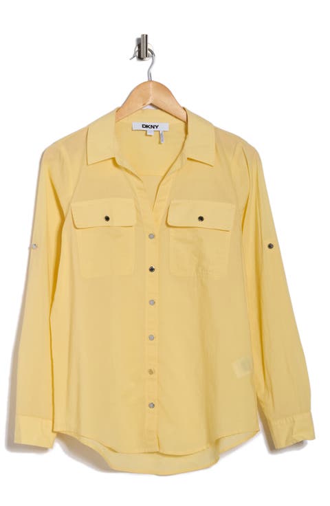 Solid Roll Sleeve Button-Up Shirt