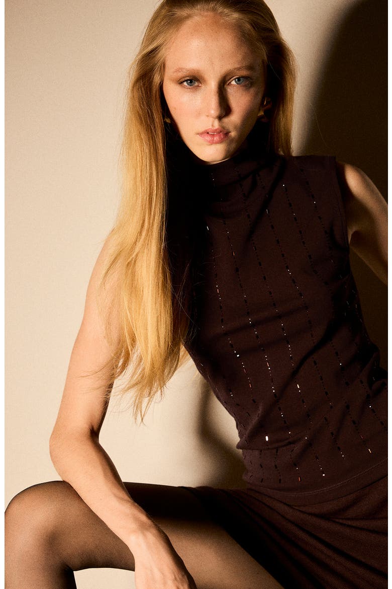 Sleeveless Crystal Embellished Mock Neck Top, Alternate, color, CHOCOLATE