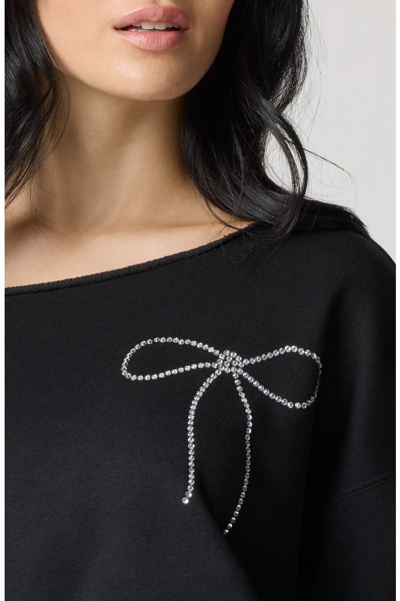 Crystal Bow Off the Shoulder Crop Sweatshirt, Alternate, color, BLACK