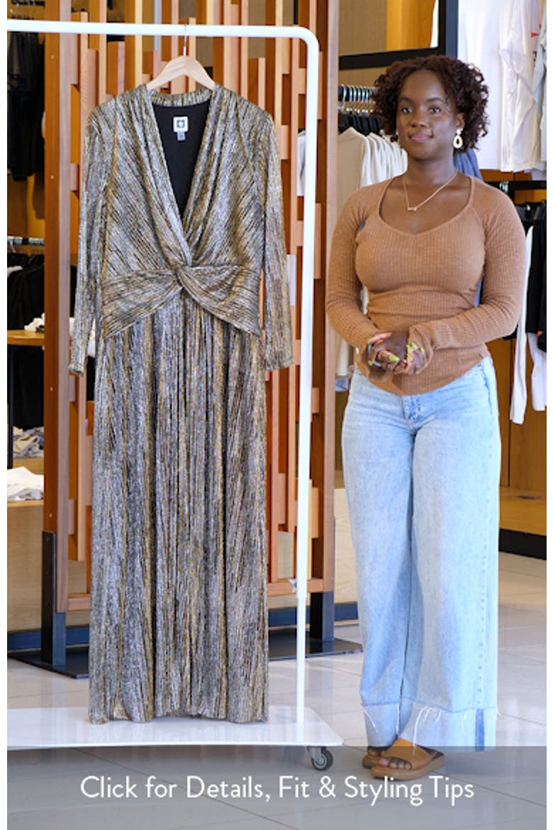 metallic robe dress Metallic Pleated Long-Sleeve Dress - Platinum
