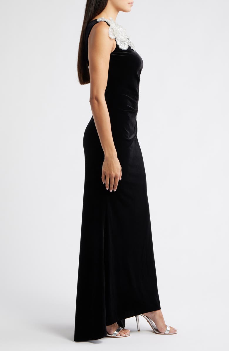 Eliza J Side Tuck One-Shoulder Velvet Gown, Alternate, color, Black