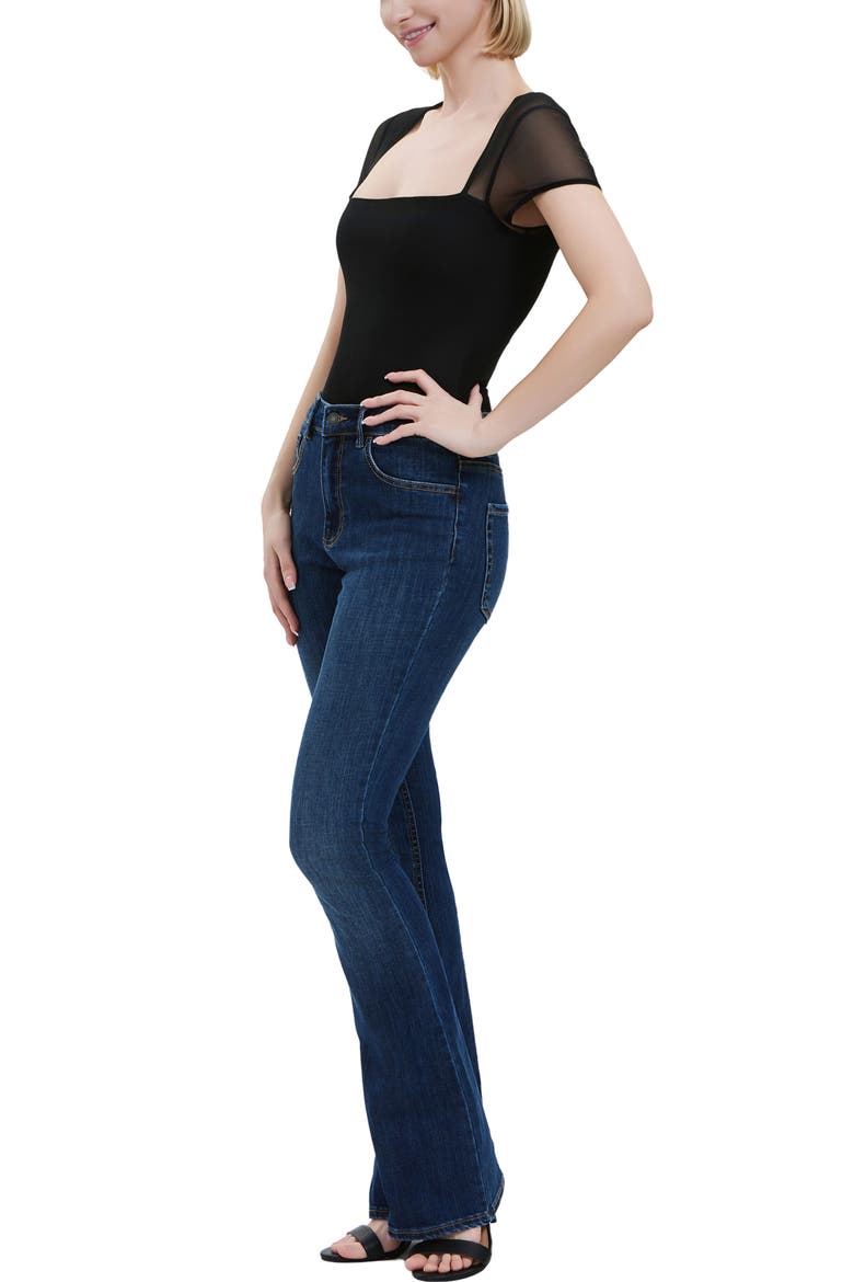 Square Neck Sheer Sleeve Bodysuit Top, Alternate, color, Black