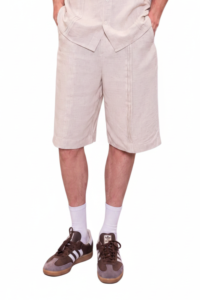 Daydreamers Linen Look Stitch Detail Shorts, Alternate, color, Beige