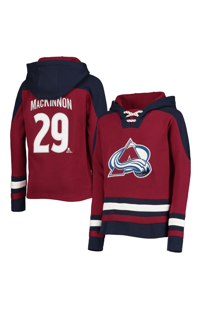 Outerstuff Youth Nathan MacKinnon Burgundy Colorado Avalanche Ageless Must-Have V-Neck Name & Number Pullover Hoodie, Main, color, 