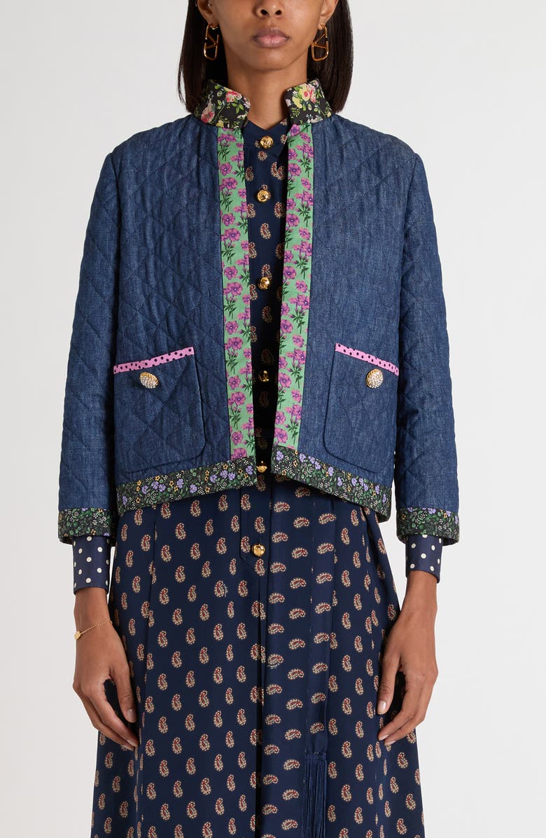 Valentino Garavani Floral Print & Quilted Denim Jacket, Main, color, Navy