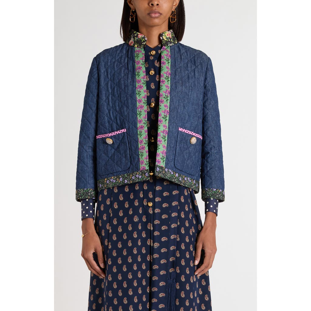 Valentino Womens Blu Medio Chambray Floral-print Denim Jacket In Blue