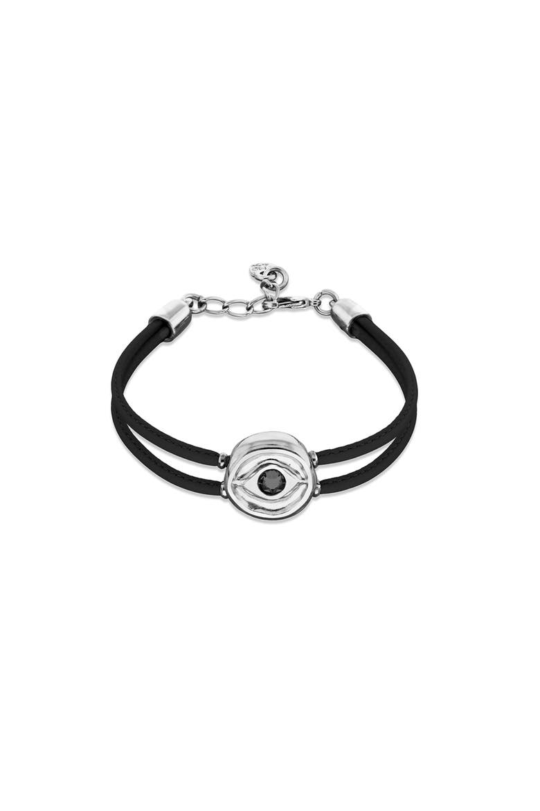 Black Double Leather Bracelet with Silver-Plated Eye Detail and Crystal, Main, color, Silver