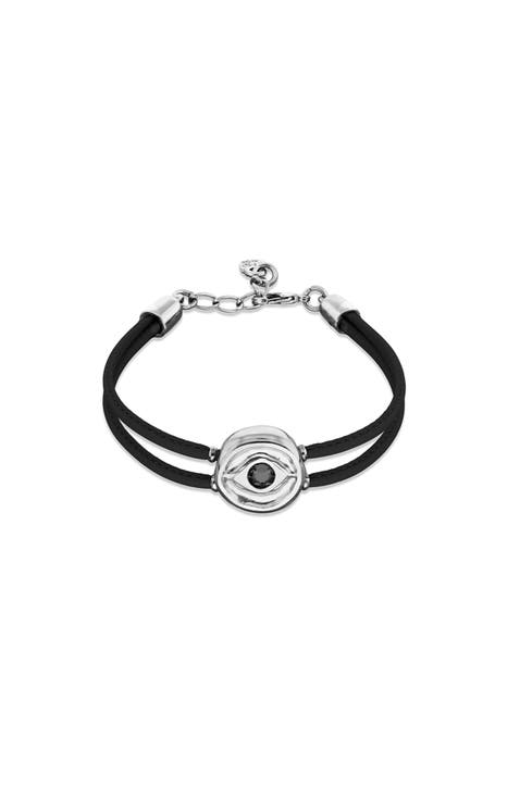 Black Double Leather Bracelet with Silver-Plated Eye Detail and Crystal