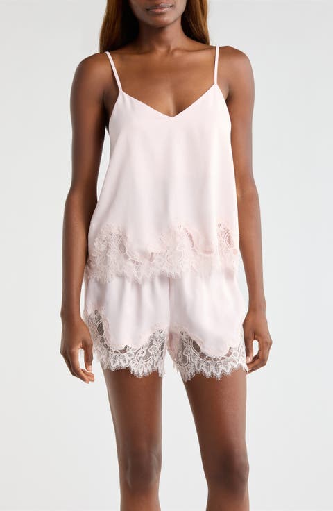 Midnight Lace Trim Satin Chemise & Shorts