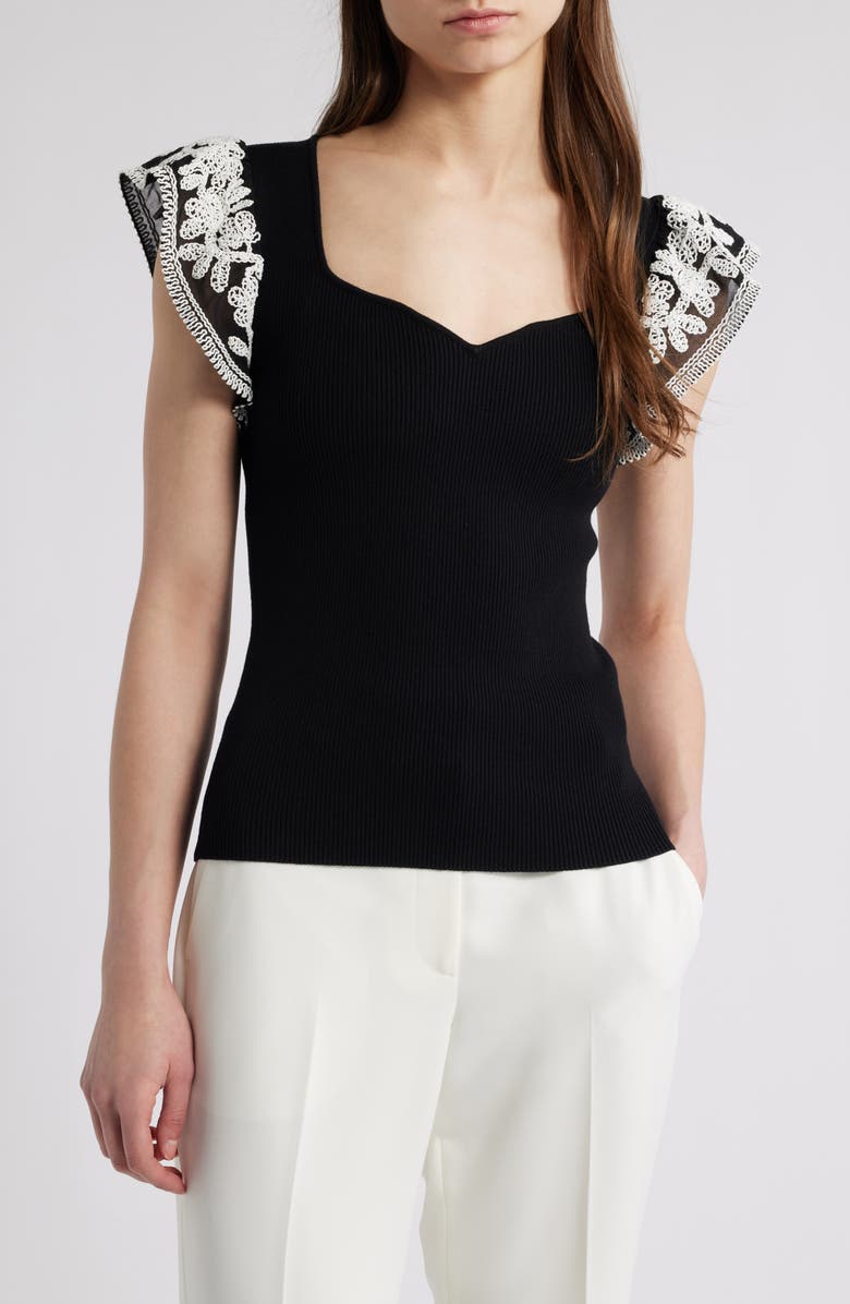 Elie Tahari Emily Embroidered Flutter Sleeve Sweater, Main, color, 