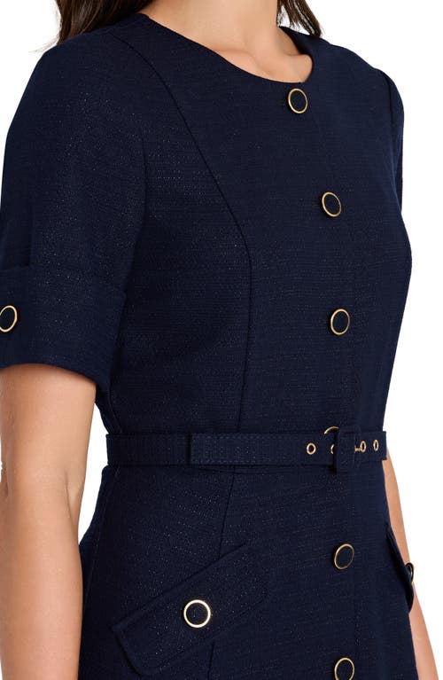 Tahari Asl Belted Metallic Bouclé Dress In Blue