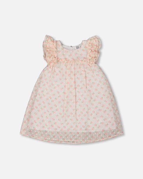 Girl's Printed Dress With Frills Pale Pink And Flowers