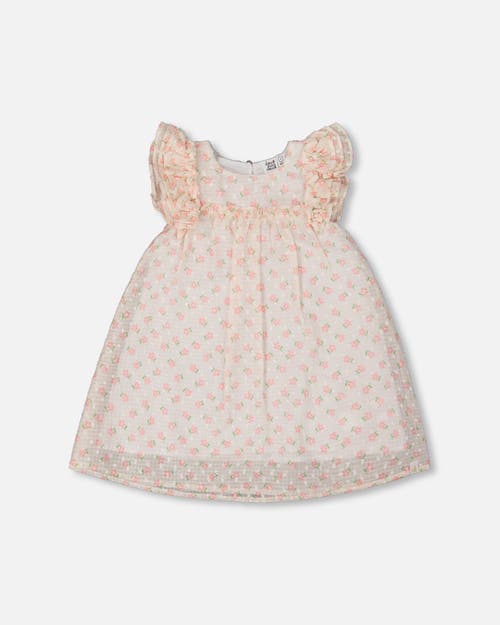 Deux Par Deux Baby Girl's Printed Dress With Frills Pale Pink And Flowers In Pale Pink And Flowers