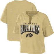 WEAR by Erin Andrews Women's WEAR by Erin Andrews Tan Colorado Buffaloes Bleach Wash Splatter Cropped Notch Neck T-Shirt