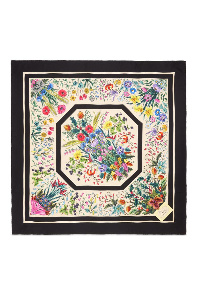 Floral Festival Print Silk Scarf, Main, color, BLACK/ IVORY