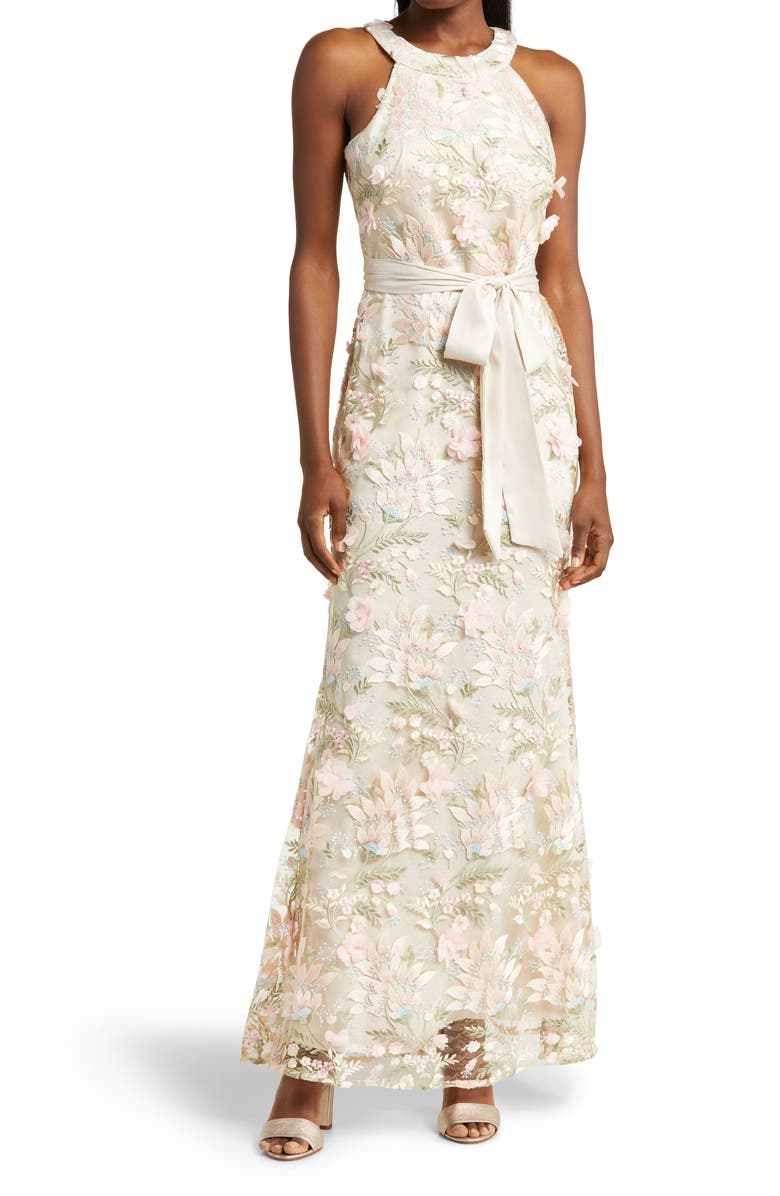 Eliza J Floral 3D Embroidered Halter Neck Gown, Main, color,