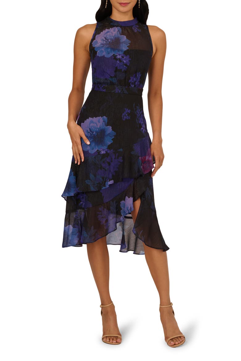 Glitter Floral Ruffle Midi Dress, Main, color, BLACK MULTI