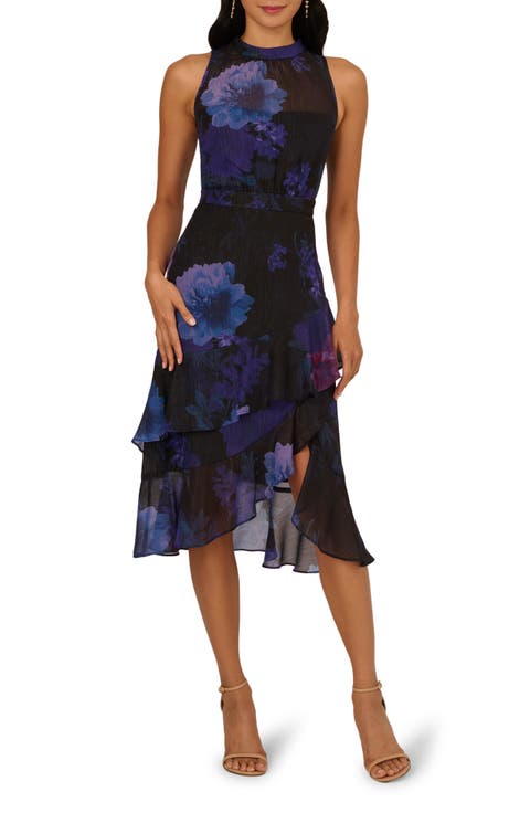 Glitter Floral Ruffle Midi Dress