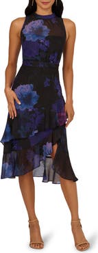 Adrianna Papell Glitter Floral Ruffle Midi Dress