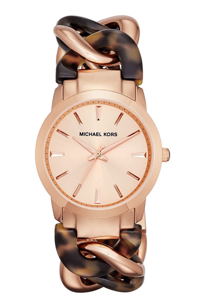 Michael Kors 'Lady Nini' Chain Link Bracelet Watch, 35mm, Main, color, ROSE GOLD/ TORTOISE