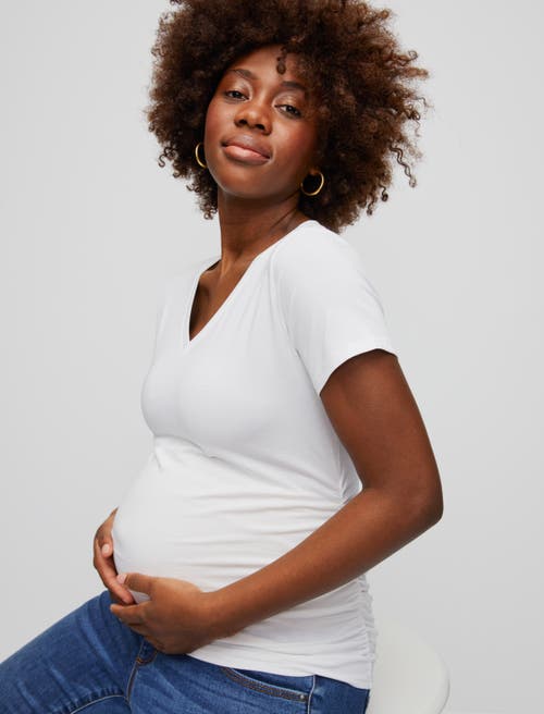 Motherhood Maternity V-neck Side-ruched Maternity Short Sleeve Tee In White